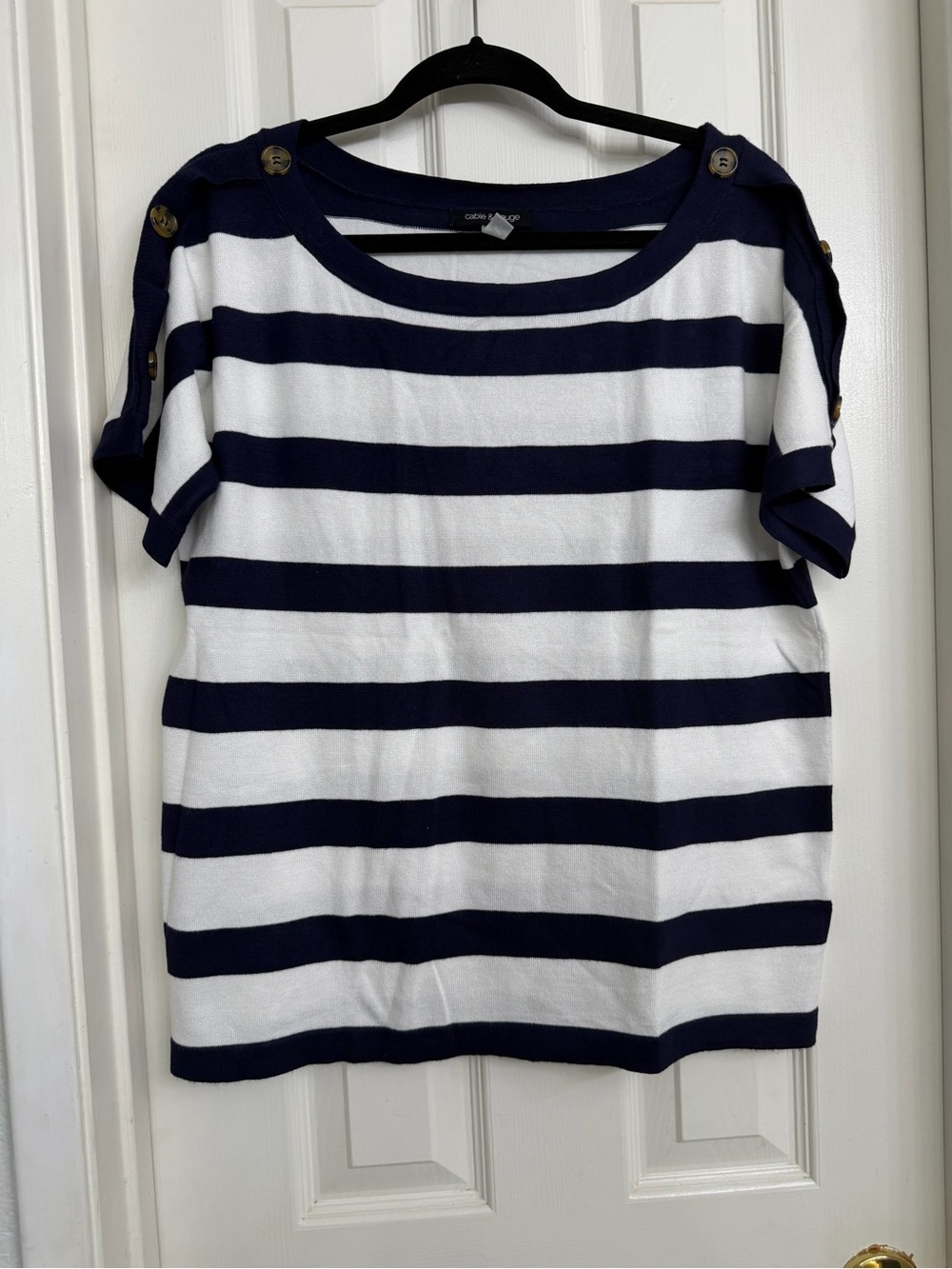 Cable & Gauge Navy & White Striped Short Sleeve Boatneck Top